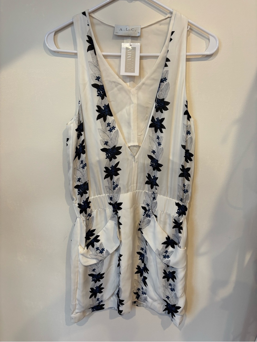 NWT A.L.C. White Silk Sleeveless Mini Romper with Navy Floral Embroidery